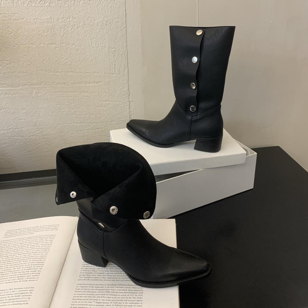 

Модные женские зимние ботинки Ретро пуговица Два способа носки Массивный каблук Удобные ковбойские ботильоны на среднем каблуке для женщин 40