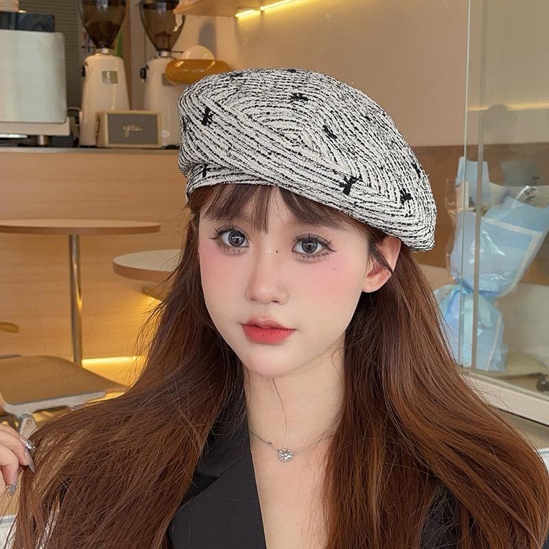 Hat Women's Korean Style Fashion Striped Beret Bow Embroidered Face Little Painter Hat Simple Casual Octagonal Hat