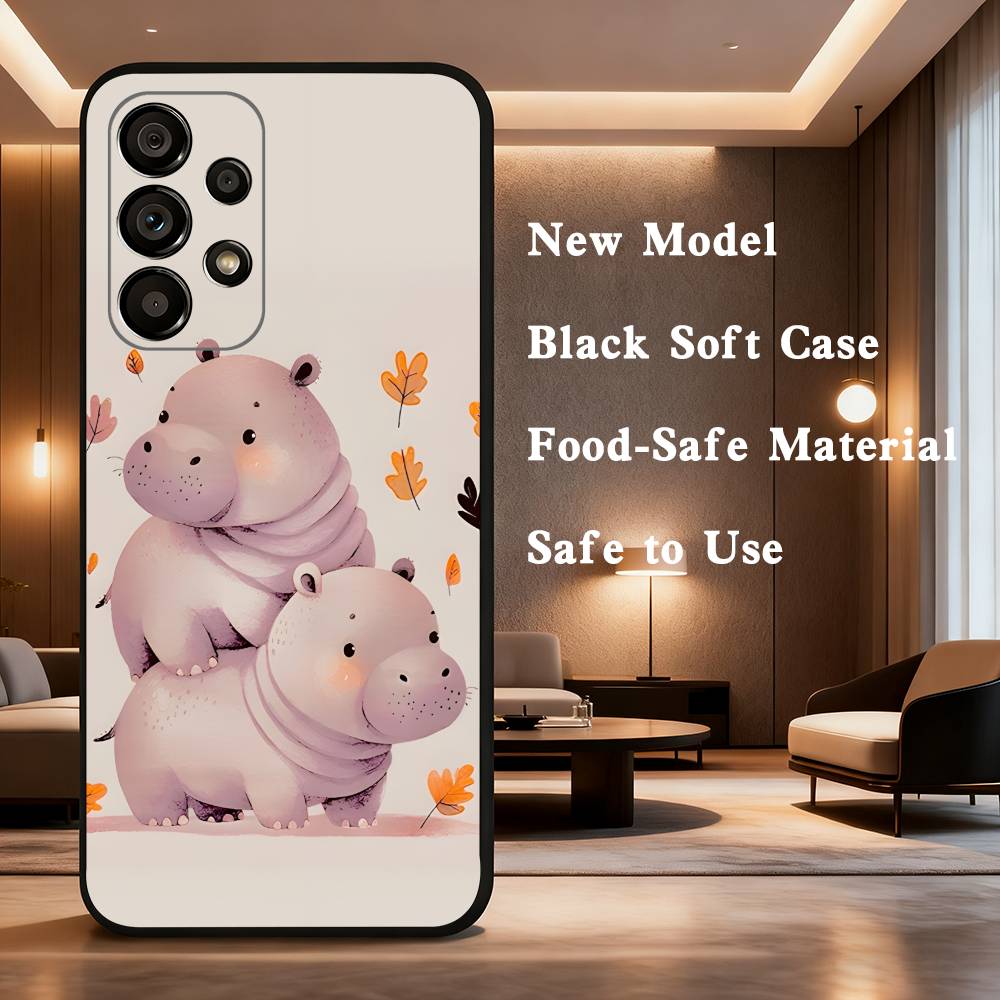 Cute Hippo Hippopotamus For Samsung Galaxy A73,31,71,53,32,72,Note,22,41,8,9,52,J7,Soft Black Silicone Cover Case