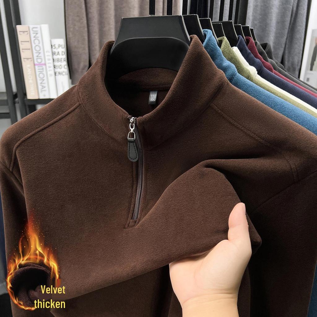 Men's Thickened Fleece Half-Zip Polo Shirt with Stand-up Collar - Comfortable, Skin-Friendly, Plus Fleece Casual Hoodie