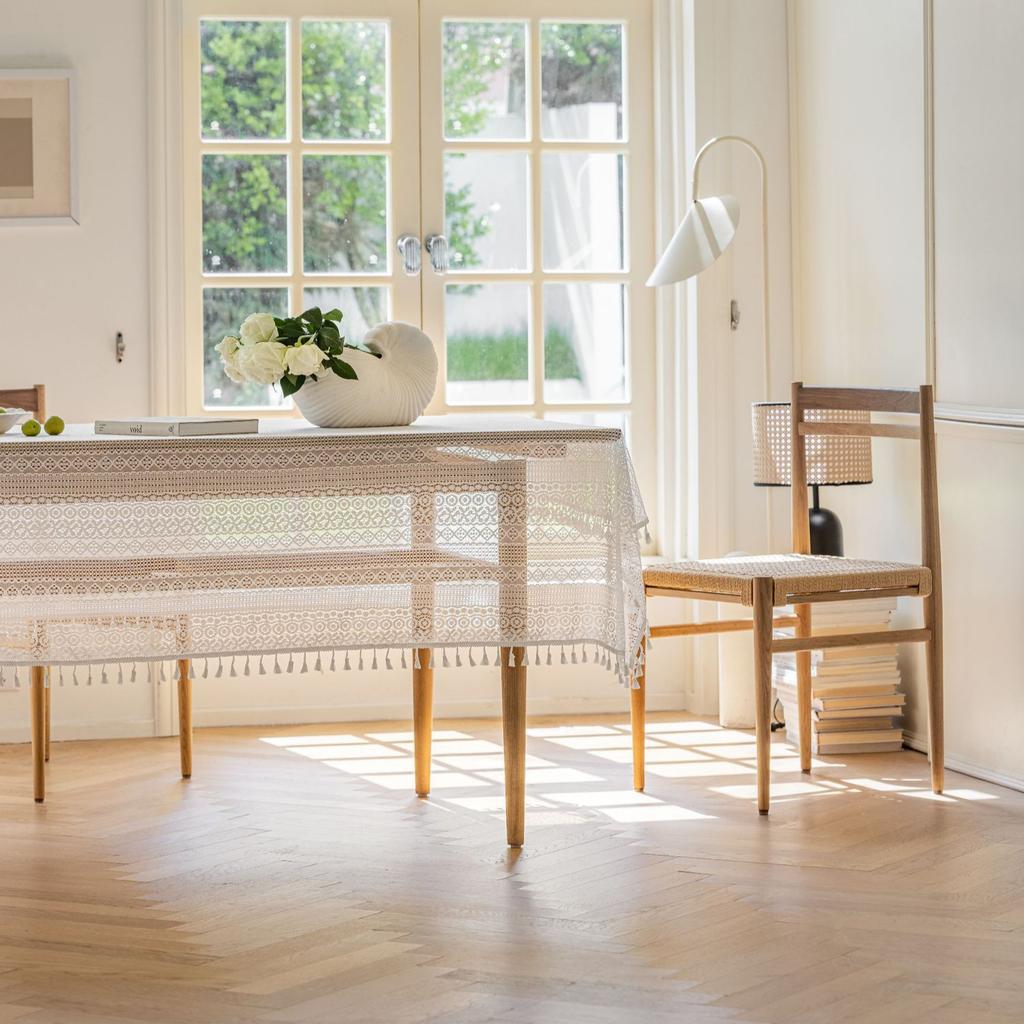 Embroidered Crochet Lace Tablecloth with Tassels - Polyester Blend Rectangular Cover for Kitchen Dining Party Decor, Knit Fabric Weave, White