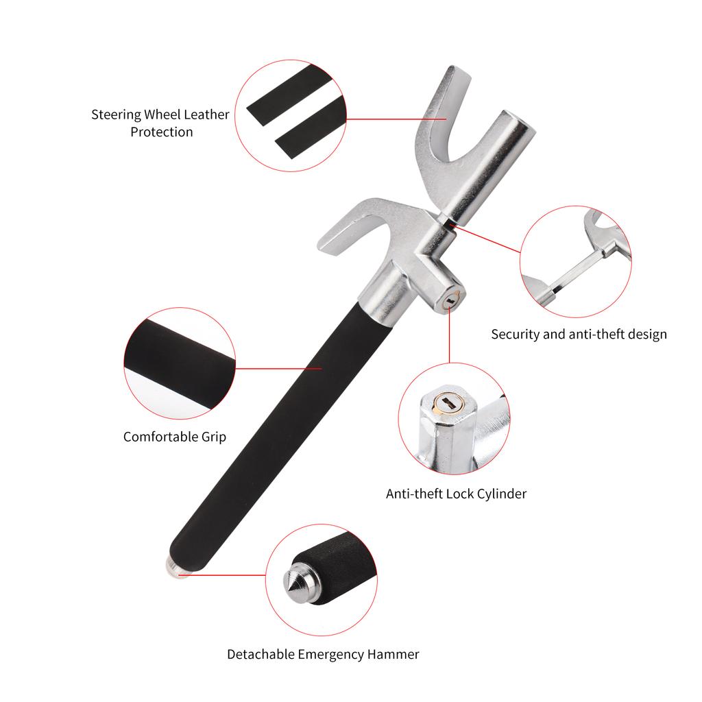 Car Steering Wheel Lock, Adjustable Anti-Theft Steering Wheel Lock with 3 Keys and Safety Hammer