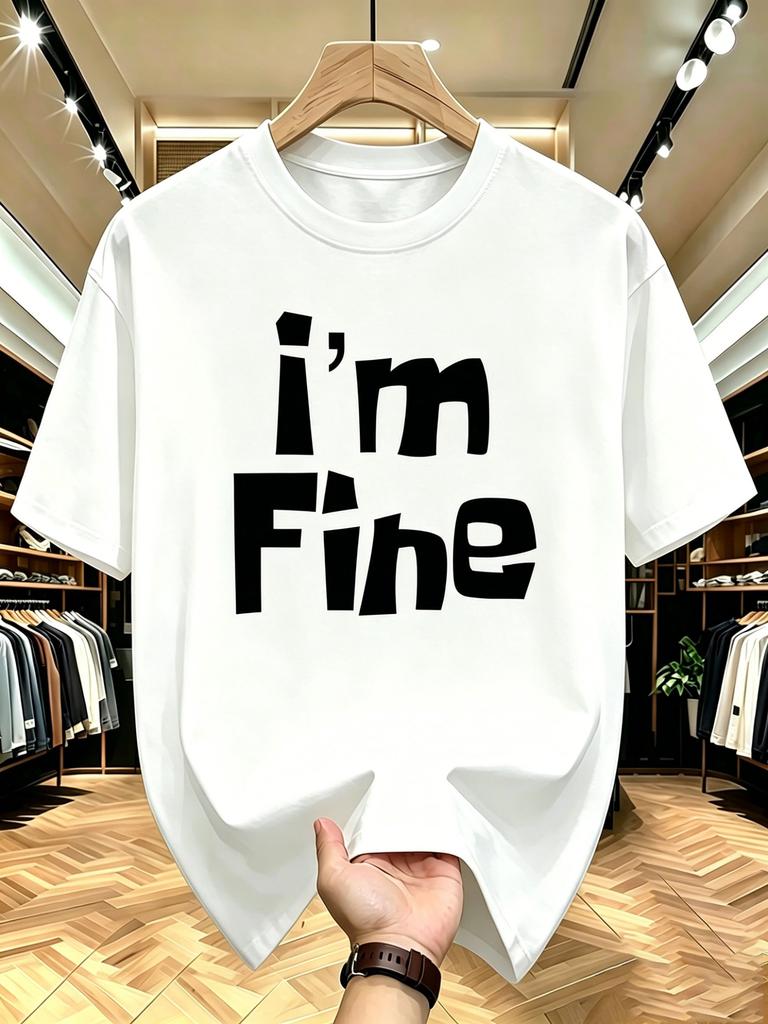 Unisex O Neck Tee I M Fine Bold Text Letter Graphic Print Cotton Short Sleeve Loose Summer Breathable Daily Casual Basic Wear Top