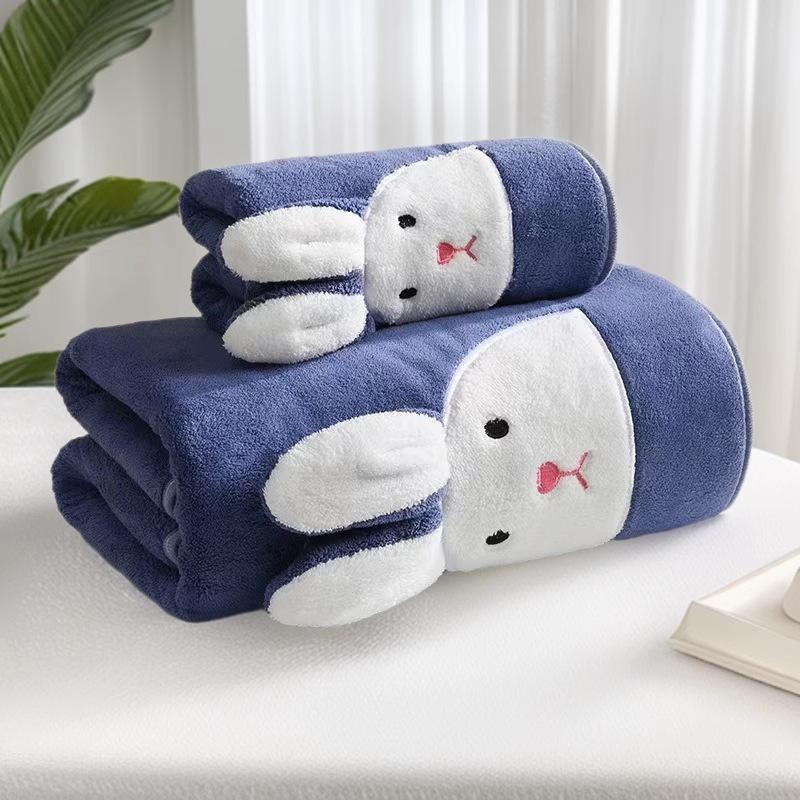 Coral Fleece Cartoon Rabbit 3D Quick-Dry Absorbent Bath Towel Set for Kids & Couples