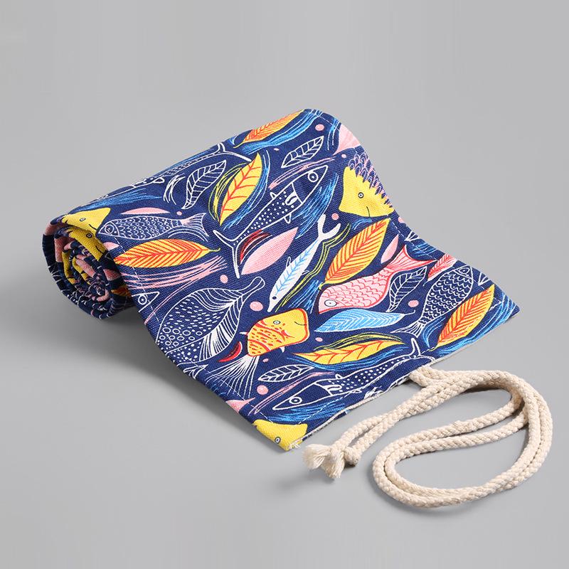 Colorful Fish Canvas Pencil Case - 36/48/72 Holes Roll-up, Large Capacity, Stationery Bag