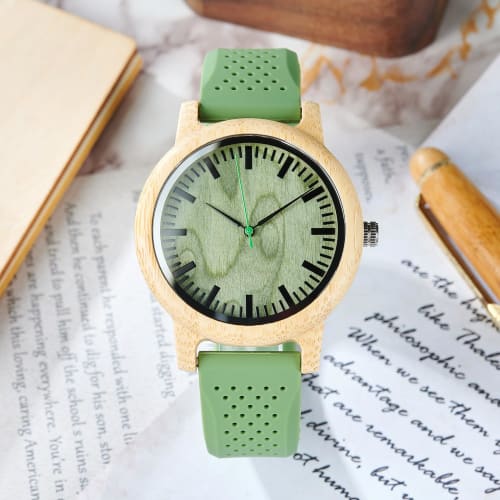BOBO BIRD Bamboo Watch B06 with Green Silicone Band and Green Dial, Sony Japan Quartz Movement, for Men and Women