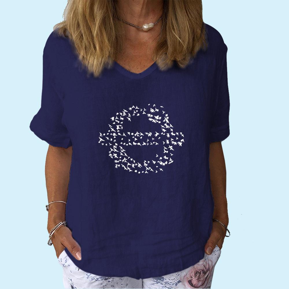 Women Fashion V Collar Short Sleeve T-shirt Casual Cotton Linen Thin Top Ladies Pullover Print Tee Shirt