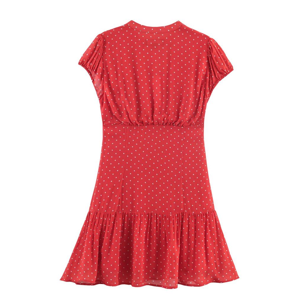 European Spring 2026 Women's Red Polka Dot Short Sleeve Dress
