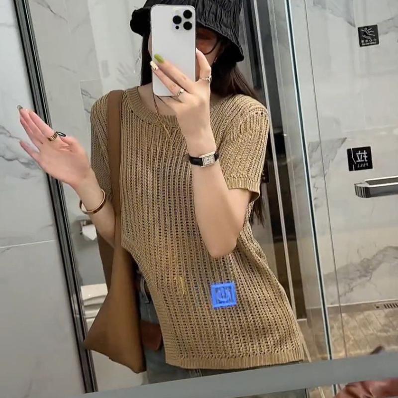 Summer Thin Breathable Hollow Knitted Sweater Women's Pullover Round Neck Simple Knitted Short Sleeved T-shirt