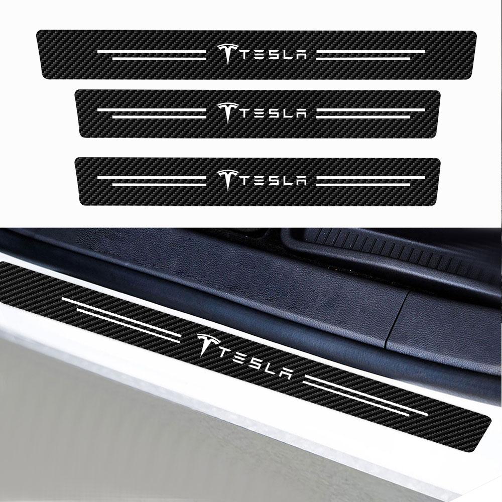 ALA1 Car Imitation Carbon Fiber Leather Door Sill Logo Sticker for Tesla Model 3 Y S X Roadster Cybertruck Juguete SpaceX Accessories