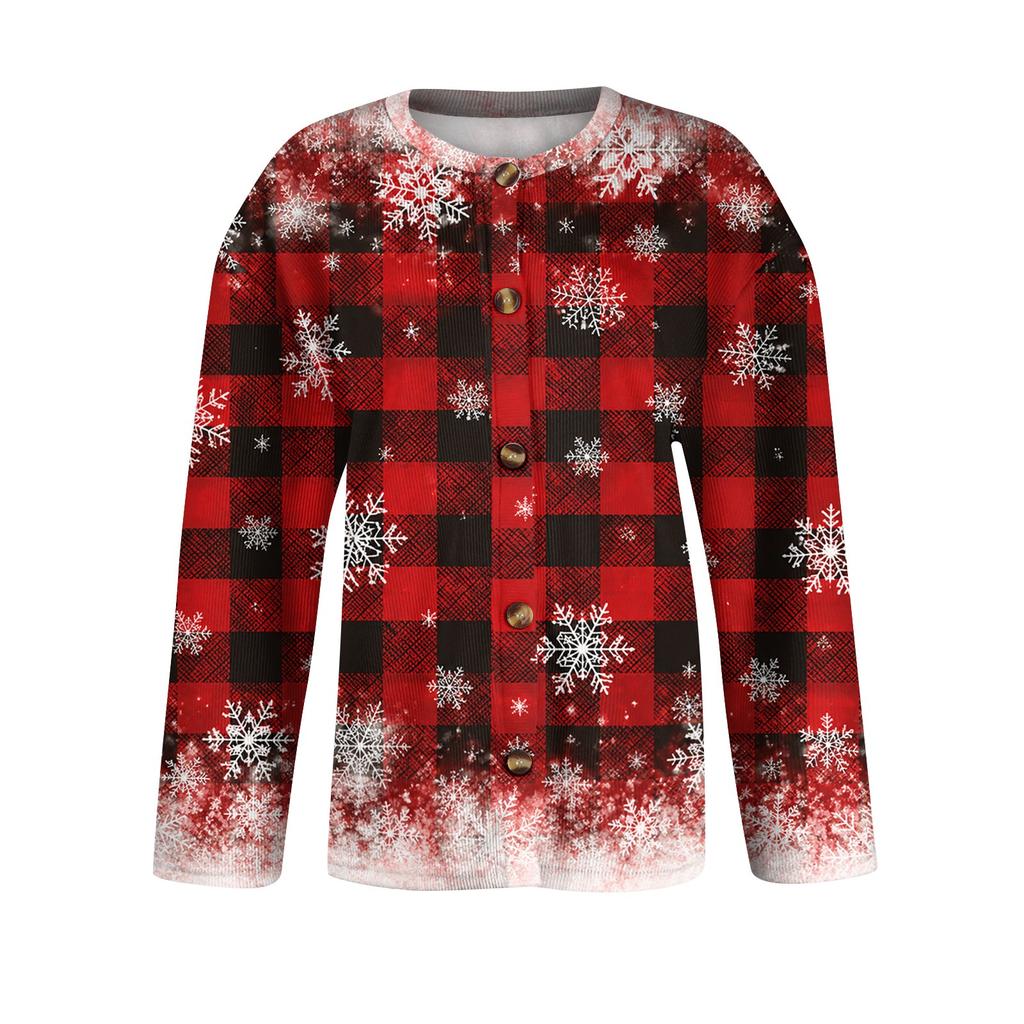 Women's Christmas Print Long Sleeve Knit Cardigan Sweater Button Front for Fall Winter