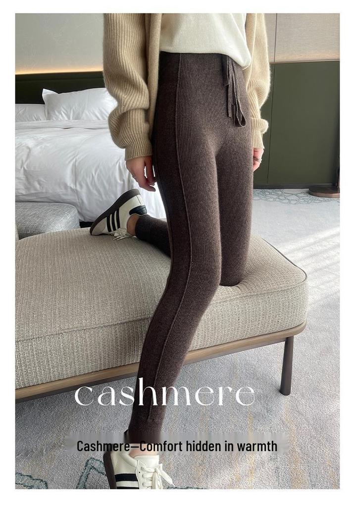 Damen Cashmere High-Waist Gestreifte Schlankmachende Hose: Bauchkontrolle, Po-Lifting, Warm, für Herbst/Winter, Innen- oder Außenbekleidung.