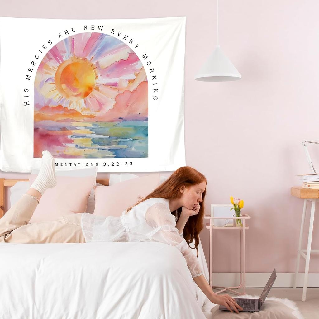 His Mercies Are New Every Morning Bible Verse Wall DecorReligious Scripture Tapestries Wall Blanket for Church Prayer Room Home