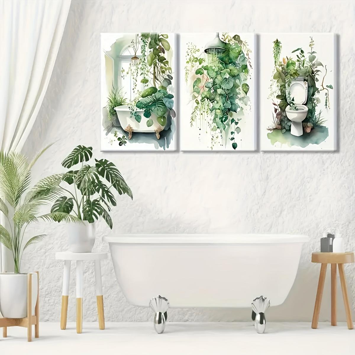 Three piece plant bathroom wall art set, printed with sage green leaves and tropical plant canvas, fun home bathroom decoration 20x30cm-3pcs