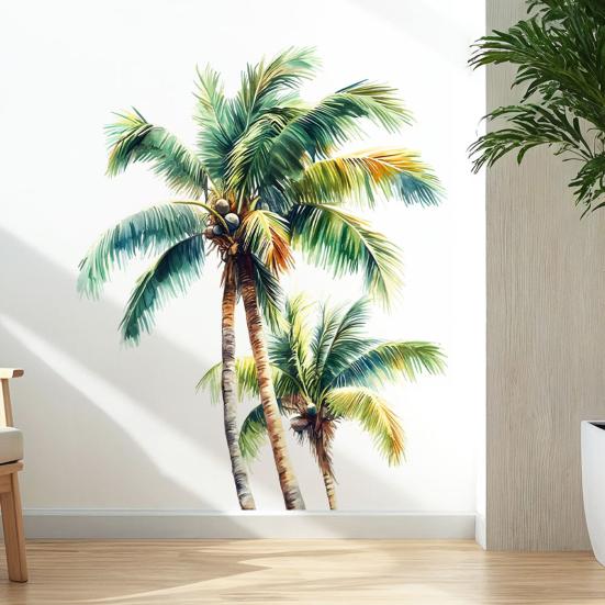 Fake Window Wall Sticker Summer Beach Ocean Coconut Tree Landscape Decal Stick And Peel Natural Seascape Scene Mural