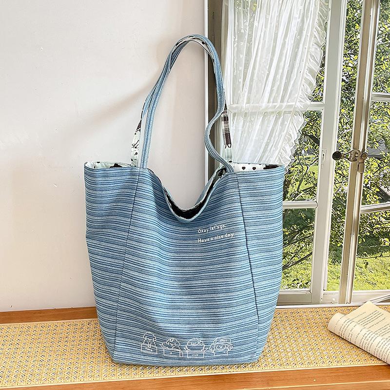 Contrasting Color Canvas Bag Women's Large-capacity New Summer Versatile Shoulder Bag College Student Class Tote Bag