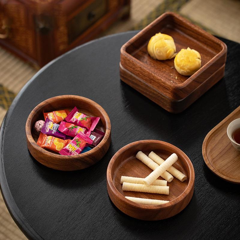 Nordic Style Stackable Plate Walnut Wood Plate Square/ Round Tray Tableware Household Simple Confectionery Plate Fruit Plate
