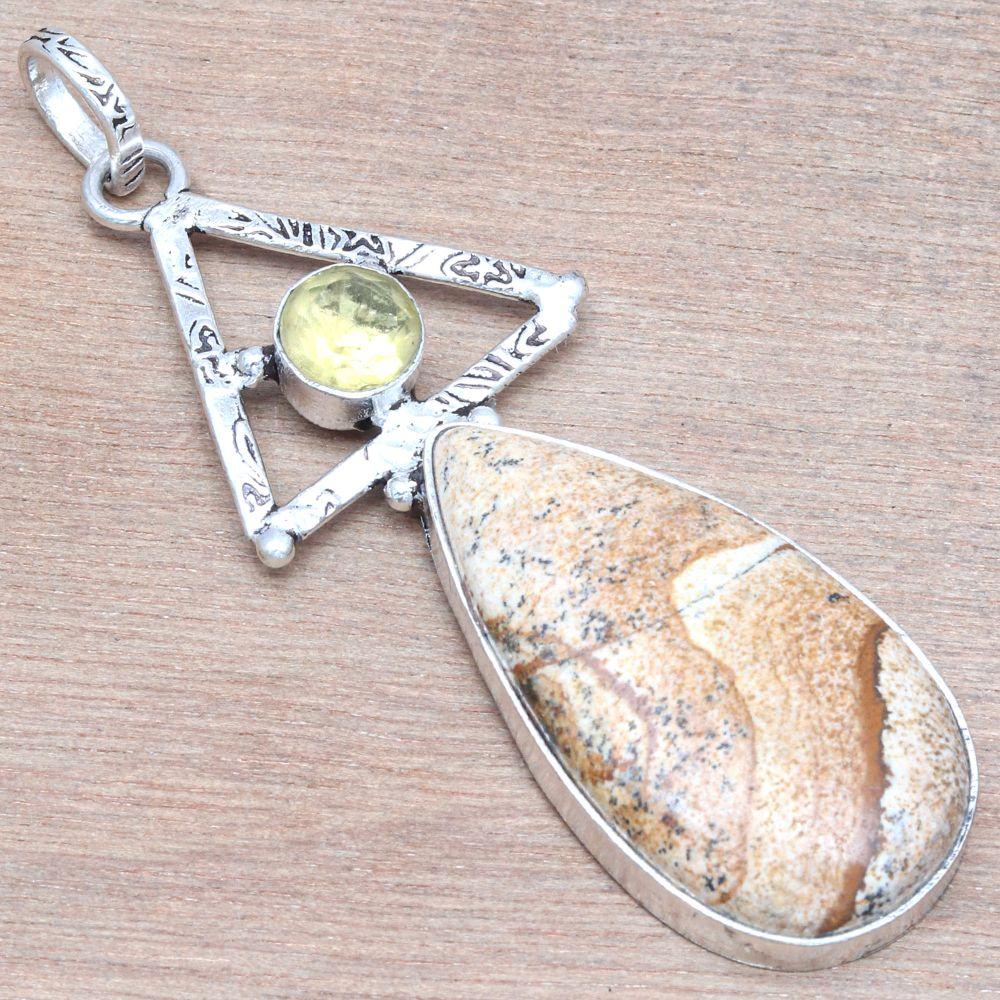 Pendant Picture Jasper Citrine Gemstone Handmade Silver Jewelry 2.75"