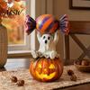 Window Sill Decoration Halloween Ghost Figurine, Cute Sitting on Pumpkin Holding Candy Figurine Statue, Spooky Resin Table Ornament for Indoor Mantle