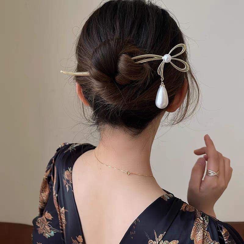 Chinese antique style pearl rhinestone tassel hairpin with new Chinese bow headband and headband, coiled hair accessories