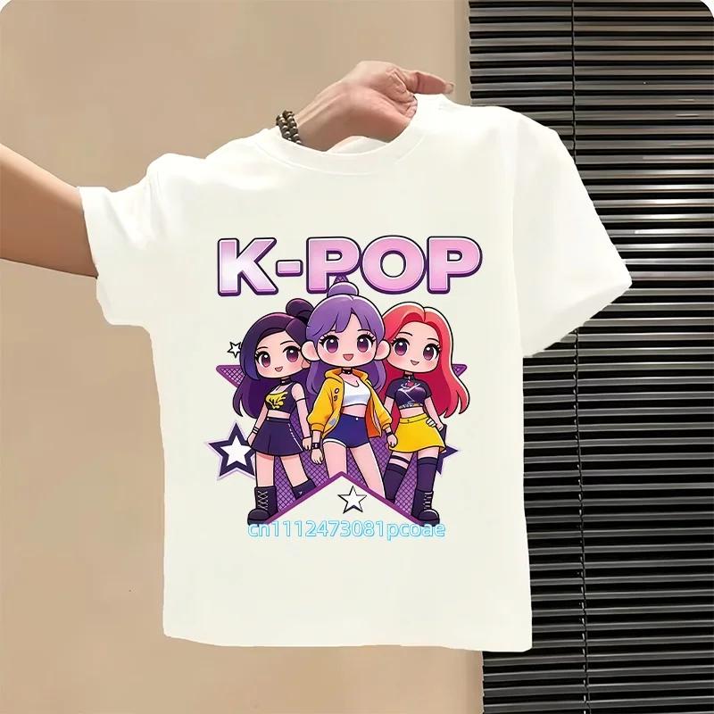 Summer Kpop Popular Cartoon Print Childrens Design Casual Harajuku Style Round Neck Short Sleeved Top Fans Gifts Kids Clothes