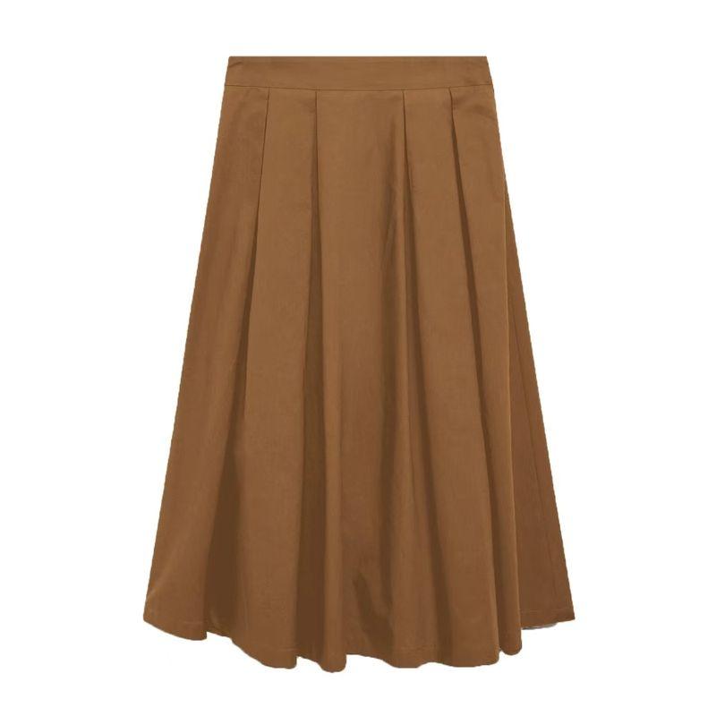

Fashion Style Pleated Skirt High Waist Zipper Large Swing Skirt Solid Color High Waisted Skirt Brown S