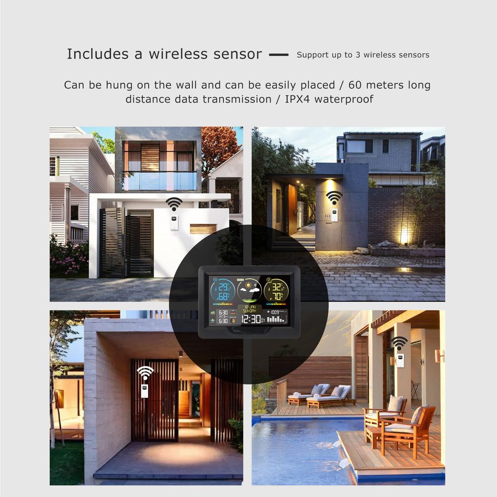 FJ3383M Smart Weather Station with Clock Indoor and Outdoor Temperature & Humidity Meter Multifunctional Large Color