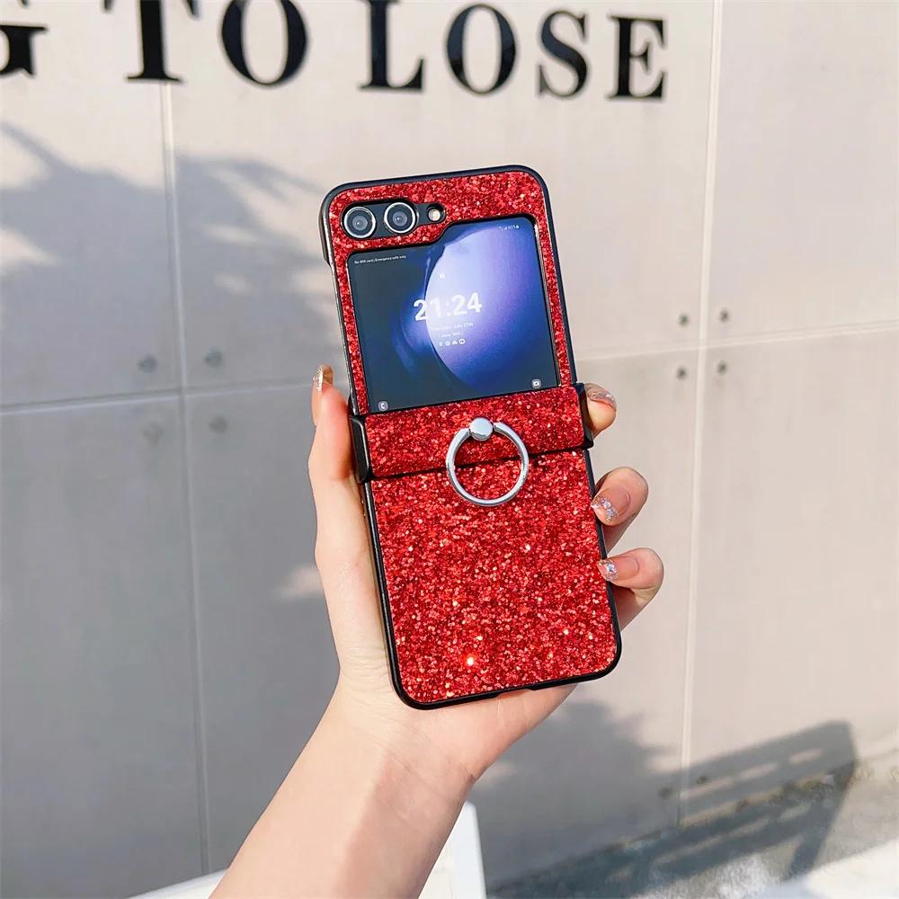 Ring Diamond Sparkling Powder Phone Case for Samsung Galaxy Z Flip 6 5 4 3 Flip6 Flip5 Flip4 Flip3 Protective Shockproof Cover