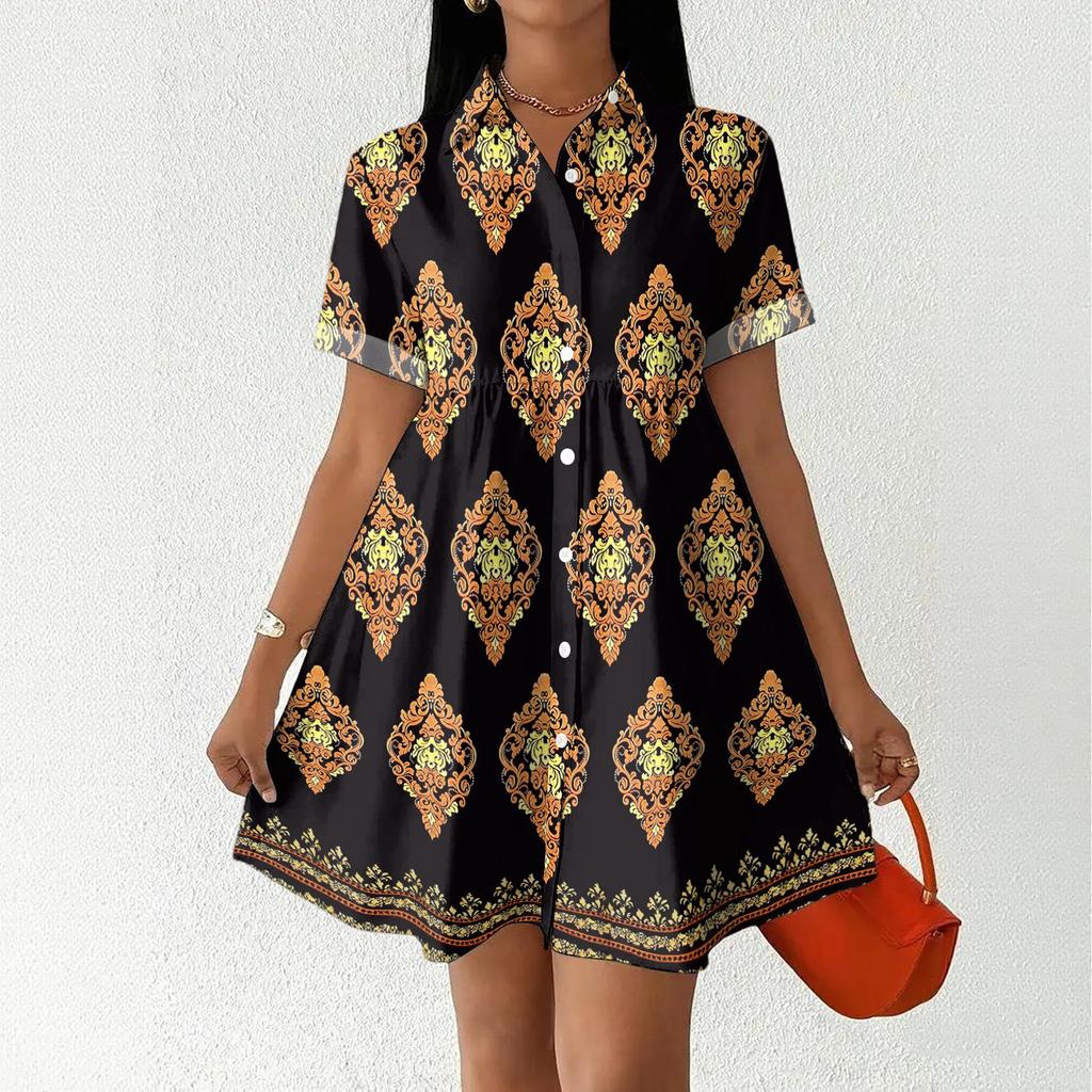 Women's Casual Loose Fit Shirt Dress Button Front Short Sleeve Collared Dress A-Line Hem Summer Dress