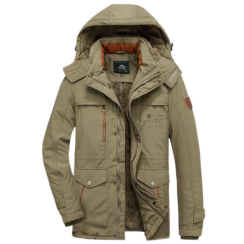 

Men s Fleece-Lined Cotton Jacket: Winter Casual, Multi-Pocket, Cold-Resistant, Mid-Length Coat for Middle-Aged and Elderly L хакі