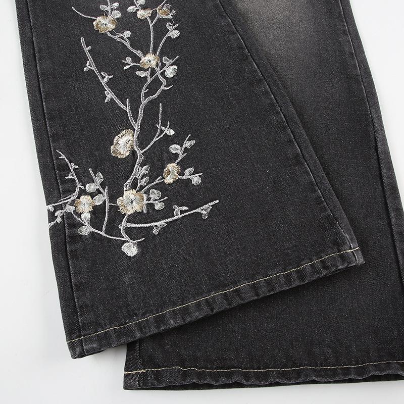 Blumenstickerei Jeans Vintage Niedrige Taille Schlagjeans Damen Retro Y2k Baggy Denim Hose High Street Basic Hose