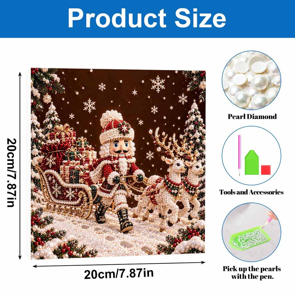 DIY Framed Pearl Painting Kit with Nutcracker Santa Sleigh Reindeer 5D Sparkling Bead Art Canvas Ready to Display Home Decor Gift Idea