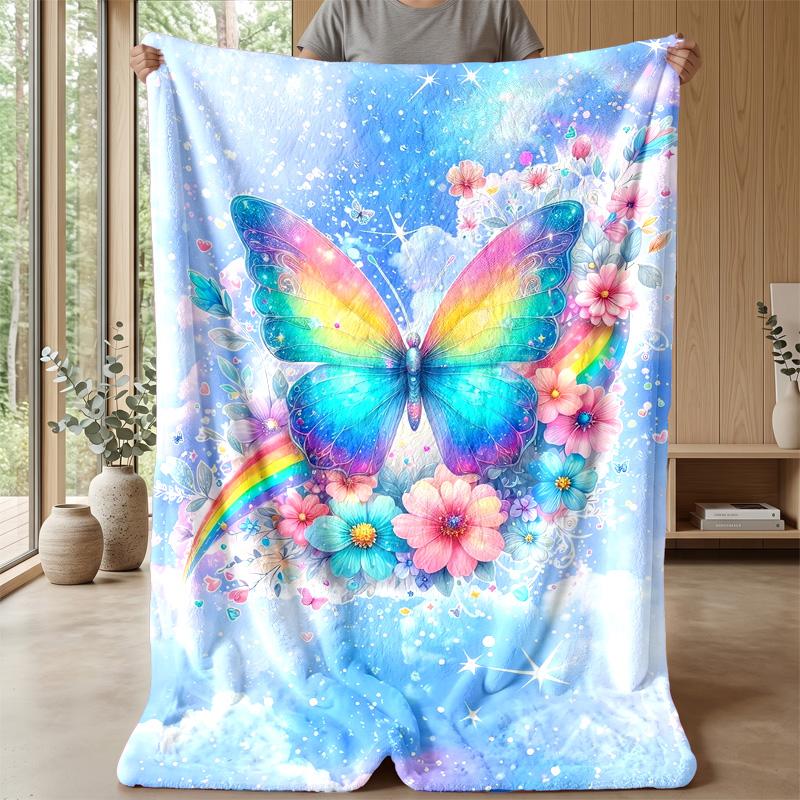Rainbow Butterfly and Flowers Theme blanket Lightweight Warm Flannel Blanket Decorative Throw Blanket for Home Decoration