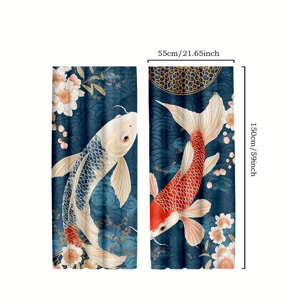 Set of 2 Japanese Koi Fish Curtains   Anime-Inspired Room Darkening Drapes for Bedroom Decoration