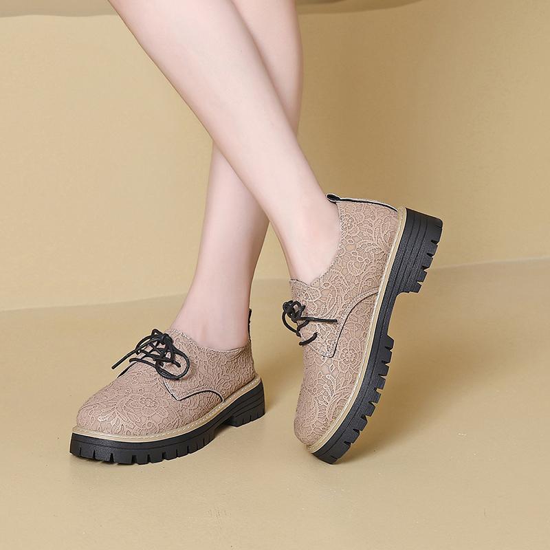 Shoes for Women Pumps Retro Fretwork Flowers Platform Round Toe Casual Sneaker Block Heel Artificial Leather New In Lace-on Sale