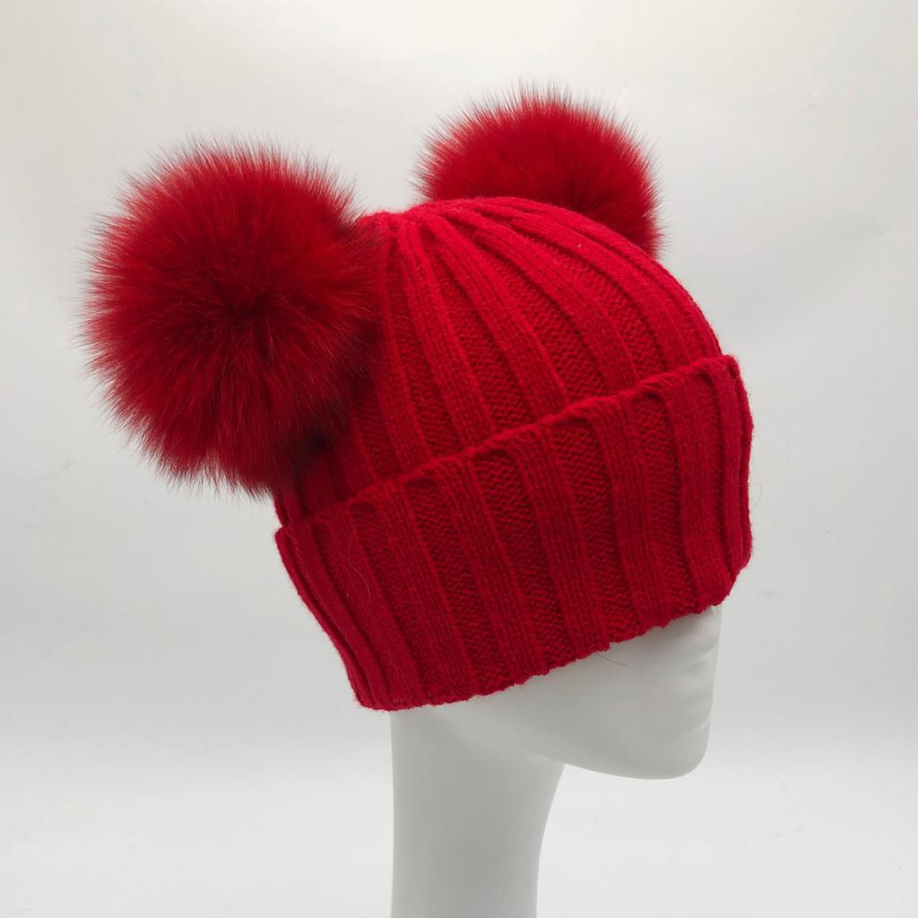 Custom Labels Double Pom Pom Baby Toddler Children Winter Beanie Knitted Hats With Fur Pompom