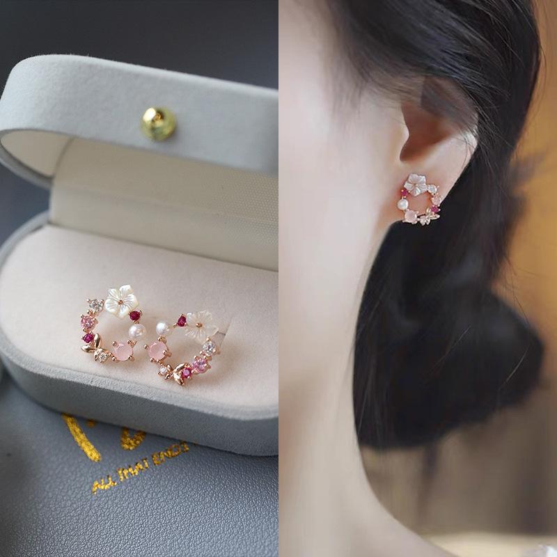 Silver needle pearl zircon earrings women's Korean ins mini stud earrings niche fashion temperament Mori earrings