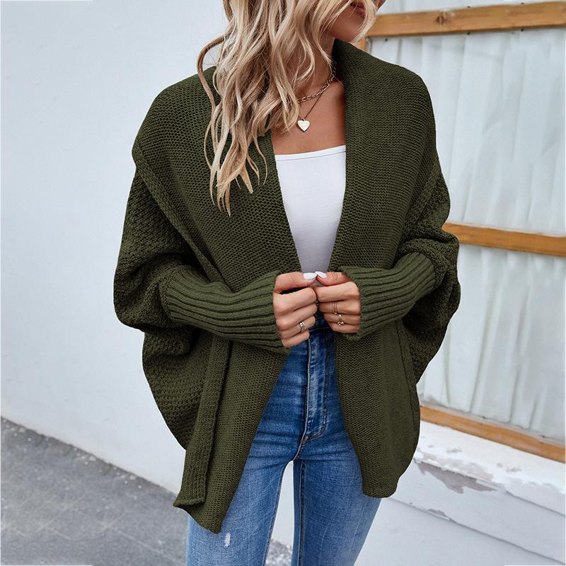Autumn Winter Vintage Loose Long Sleeve Top Solid Color Cardigan Knitwear V-Neck Sweater