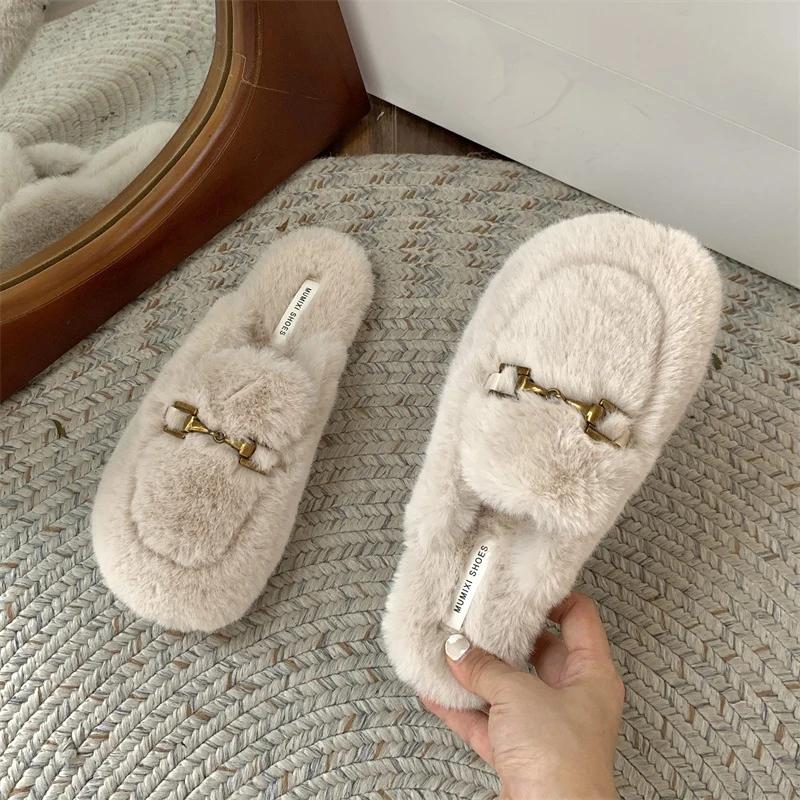 Mode Winter Warme Plüsch Pantoletten Damen Ein Riemen Fell Hausschuhe Gemütliche Baumwollschuhe Frau Ballerinas Zehenbedeckt Vlies Pantoletten Femme Wolle Pantuflas