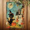 Art Mural Métallique Vintage Halloween Chat Fantôme Citrouille Plaque en Fer Blanc 20x30 cm Décor Rustique