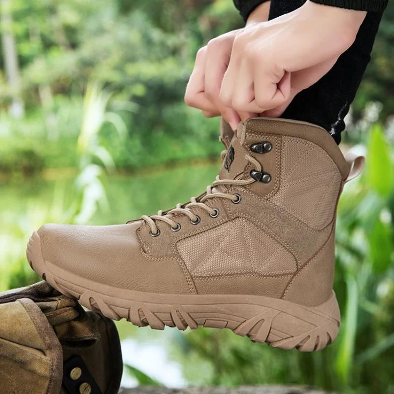 Fashion 2024 New High Top Leather Outdoor Men's Boots Breathable Desert Combat Work Ankle Outdoor Anti Slip Hiking Boots