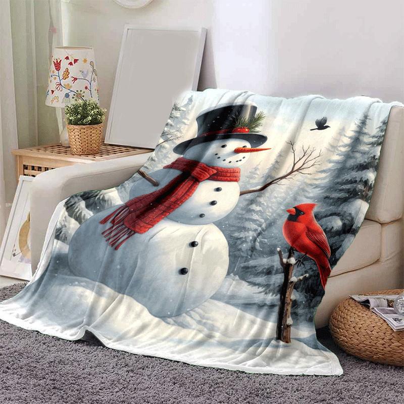 1pc Christmas Snowman Printing Lightweight Flannel Blanket, Comfortable and Warm Blanket, for Camping Sofa Bed and Couch Office, In All Seasons