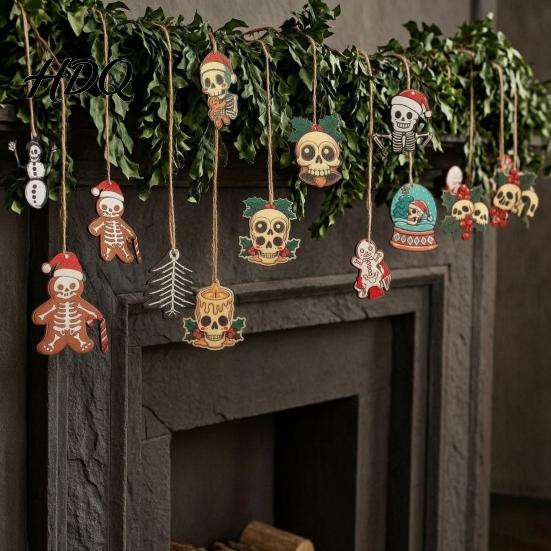 Dark Style Snowman Hanging Ornaments Skeleton Christmas Tree Ornaments 3.15 Inch Skull Unique Gingerbread Man Wood Pendants Gothic Spooky Wooden Xmas