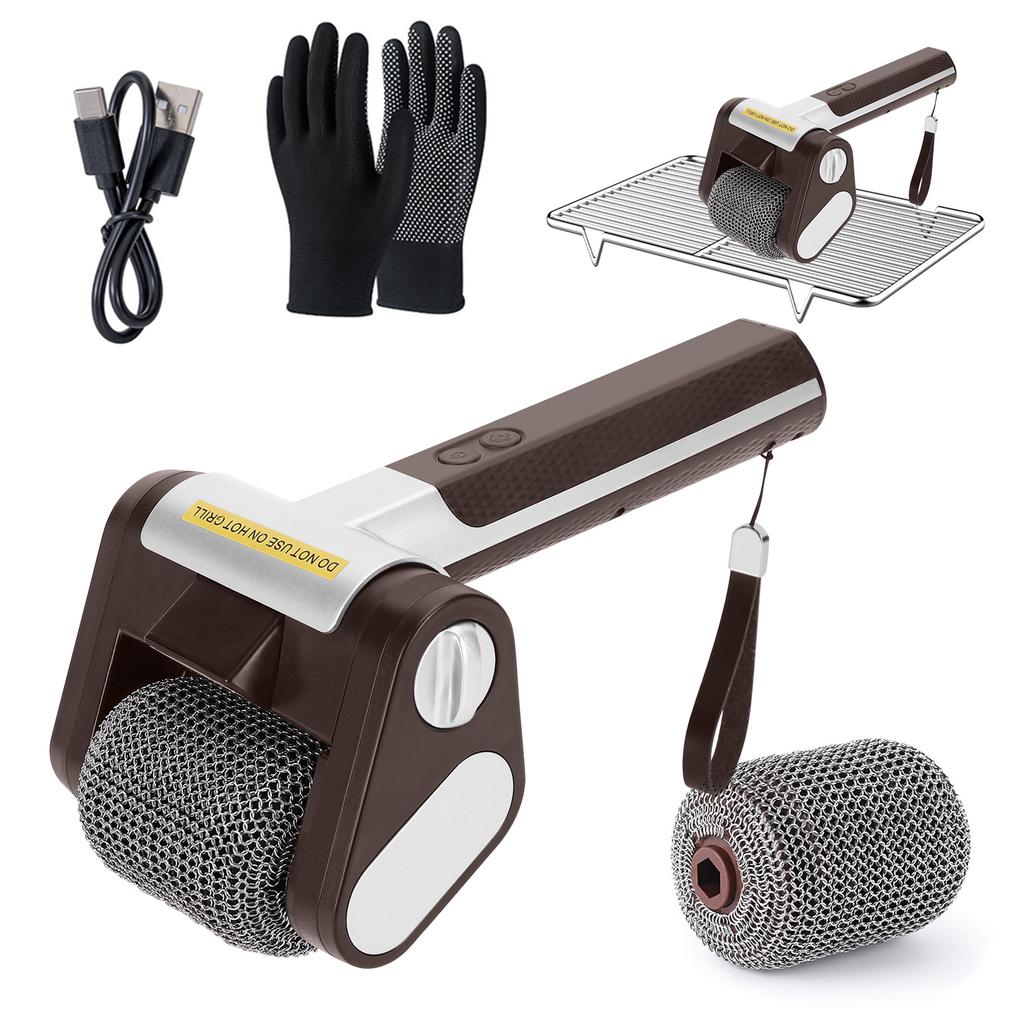 New Electric Roller Grill Brush w/ LED Light StainlessSteel Bristle-Free Cleaner Brush Repalceable Brush Head USB BBQ Clean Tool