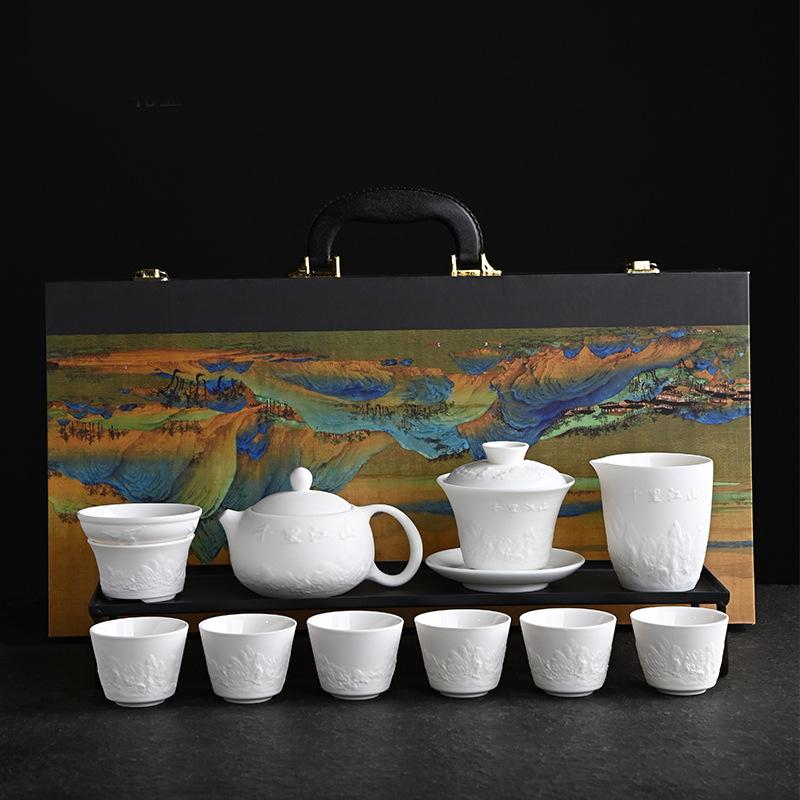 Dehua Kung Fu Tea Set Vegetarian Burnt Suet Jade Tea Set Full Set Cover Bowl Thousand Miles Jiangshan Tea Set Master Cup 11-headthousand-mileriverandmountainrelief-wooden