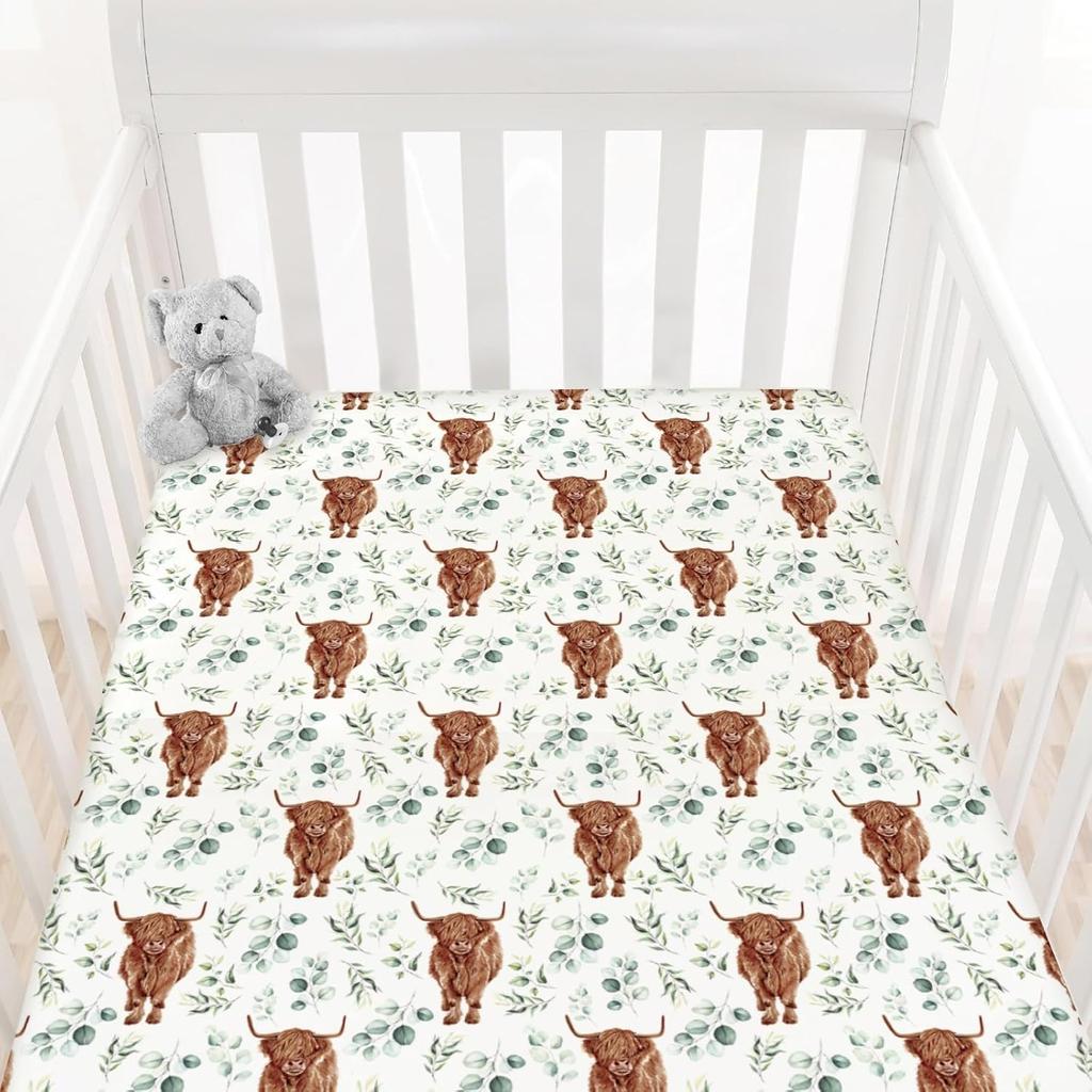 HawSkgFub Highland Cow Eucalyptus Leaf Fitted Standard Crib Sheet for Baby Boy Girl, Neutral Western Farm Animal Yak Toddler Mattress Cover, Soft