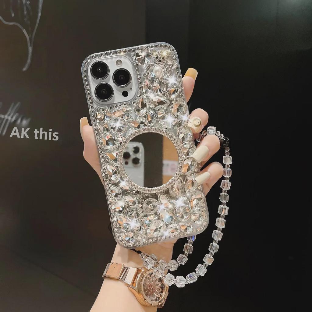 Diamond Pearl Bear Stand Mirror with Anti-Fall for Apple 15PRO/14/13 Mobile Phone Case