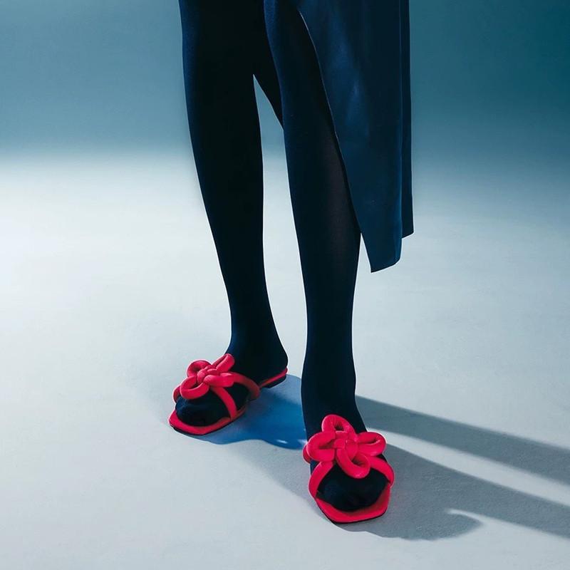 Fashion Fashion Ethnic Style Flat Slippers Women Cute Light Square Toe Open Toe Slide Sandals Cozy Satin Flip-flops Summer Beach Shoes