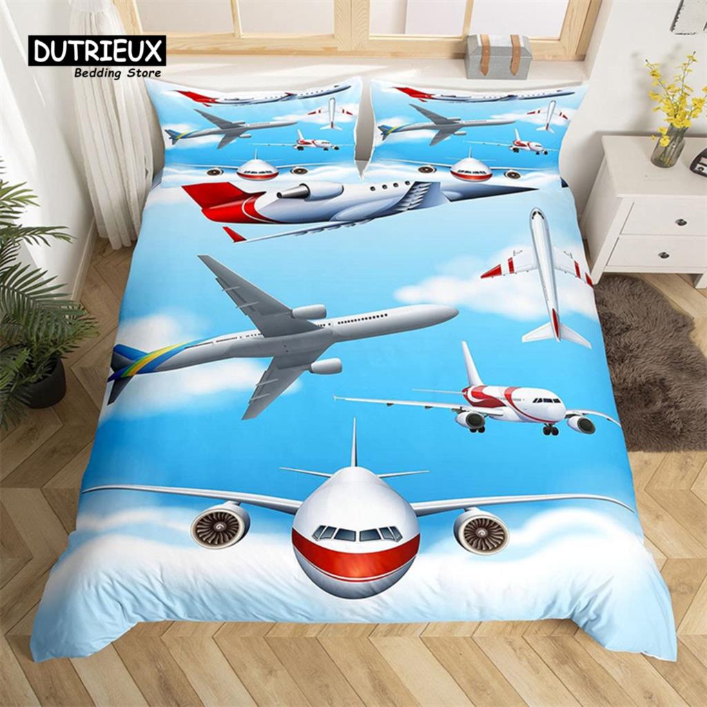 Classic Modern King 3D Airplane Aircraft Transportation Polyester Globe Helicopter Decor Comforter Quilt