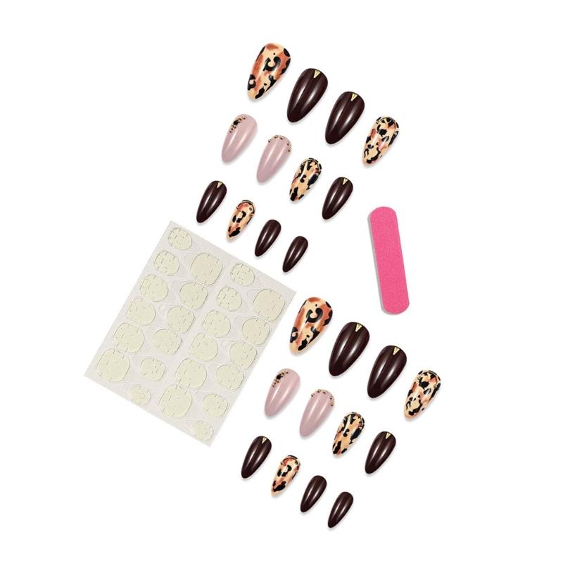 24Pcs Leopard Print Press On Nail Short Almond False Nail Glossy Artificial Nail Full Cover Stick Onsfor Women and Girls